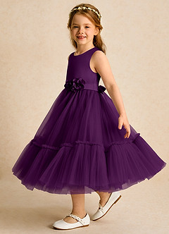 Azazie Miracle Flower Girl Dresses Grape A-Line Bow Matte Satin Dress image3