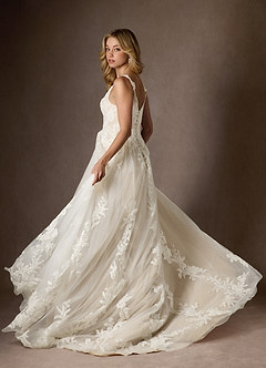 Azazie Delaina Wedding Dresses Diamond White Champagne A-Line V-Neck Sequins Tulle Dress image10