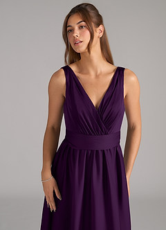 Azazie Kora Bridesmaid Dresses Grape A-Line Pleated Stretch Satin Dress image7