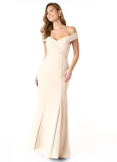 Azazie Lecia Vestidos de damas de honor Vestido de Alabastro Blanco de Gasa de Imperio Convertible con Plisado fuera del hombro image1