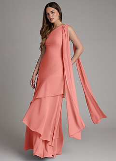 Azazie Monique Robes de demoiselle d'honneur Robe Trapèze en Mousseline de soie Une épaule Rose Saumon image4