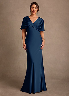 Azazie Dosia Klänningar till brudens mor Klä Tubklänning i Stretch Satin Plisserad Mörk Marinblå image1