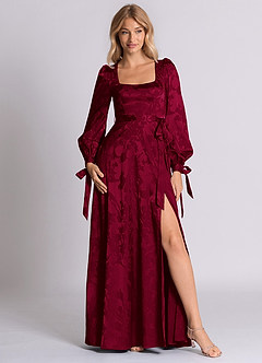 Azazie Leonia 신부 들러리 드레스 A라인 긴팔 자카드 바닥 길이 드레스 image1