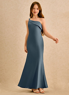 Azazie Almond Girls Formal Sukienki dla dziewczynek sypiących kwiaty Osłona Jedno ramię Satyna elastyczna Długość podłogi Sukienka image6