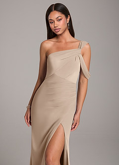 Azazie Wynter Bridesmaid Dresses Taupe Sheath Off the Shoulder Chiffon Dress image7