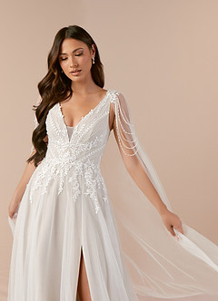 Azazie Goddess Vestidos de novia Vestido de Blanco Diamante Arena de Tul de Corte en A con Lentejuelas cuello pico image5
