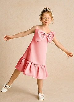 Azazie Kiwi Blumenmädchenkleider A-Linie Spaghetti Riemen Matte Satin Kleid Koralle image1