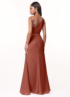 Azazie Liza Jurken voor bruidsmeisjes Jurk van Chiffon met Zeemeermin One-Shoulder Kastanjebruin image4