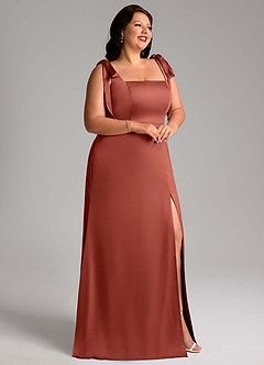 Azazie Frostine Bridesmaid Dresses Terracotta A-Line Bow Stretch Satin Dress image9