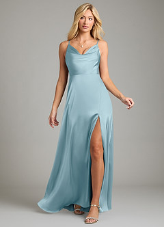 Azazie Sarella Vestidos de damas de honor Vestido de Azul Malhumorado de Satén Elástico de Corte en A con Plisado image6