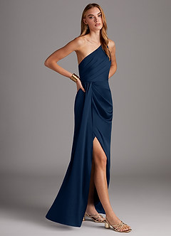 Azazie Mika Bridesmaid Dresses Dark Navy Sheath One Shoulder Stretch Satin Dress image4