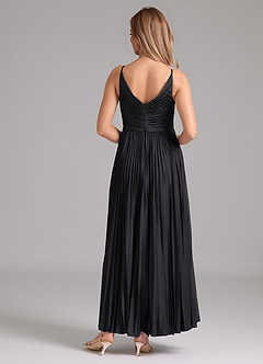 Azazie Raychelle At-home Try On Dresses Black A-Line Pleated Stretch Satin Dress image4