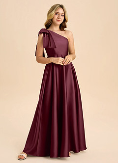 Azazie Penguin Junior Cabernet A-Line Bow Stretch Satin Dress image4