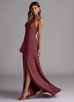 Azazie Myra Bridesmaid Dresses Merlot A-Line Side Slit Stretch Satin Dress image5