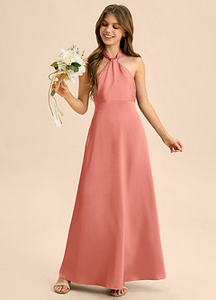 Azazie Beah Junior Salmon Pink A-Line Pleated Stretch Satin Dress image2