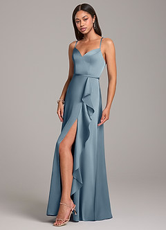 Azazie Naeem At-home Try On Dresses Dusty Blue A-Line Stretch Satin Dress image3