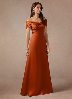 Azazie Amelia Vestidos para mãe da noiva Vestido Laranja Queimada de Cetim elástico de Linha A com Fora do ombro image4