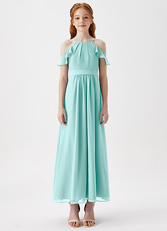 Azazie Chaya Junior Aqua A-Line Off the Shoulder Chiffon Dress image3