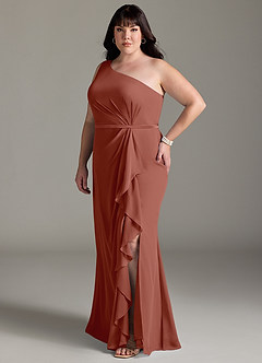 Azazie Liza Jurken voor bruidsmeisjes Jurk van Chiffon met Zeemeermin One-Shoulder Kastanjebruin image8