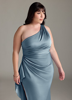Azazie Latrice Bridesmaid Dresses Dusty Blue Sheath One Shoulder Cascading Ruffles Stretch Satin Dress image11