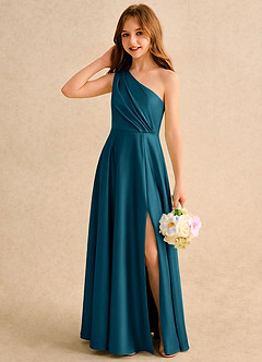 Azazie Puddles Girls Formal Robe Demoiselle D'honneur Fillette Robe Trapèze en Satin extensible Une épaule Bleu Encre image3