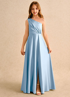 Azazie Puddles Girls Formal Abiti da Ragazza di Fiori Abito A-Line in Raso Opaco Monospalla Azzurro Polvere image4