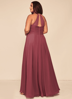 Azazie Ginger Abiti da Damigella Abito A-Line in Chiffon con Scollo Halter a Pieghe Merlot image10