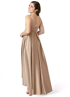 Azazie Inaya Junior Taupe A-Line with Belt Stretch Satin Dress image4