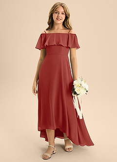 Azazie Maggie Junior Terracotta A-Line Off the Shoulder Chiffon Dress image3