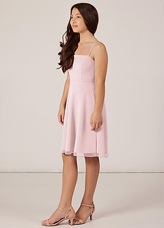 Azazie Kalie Junior Blushing Pink A-Line with Belt Chiffon Dress image3