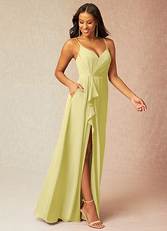 Azazie Kyedae Bridesmaid Dresses Lemon Sorbet A-Line V-Neck Pleated Chiffon Dress image3