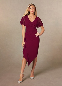 Azazie Eloise Mother of the Bride Dresses Burgundy Sheath Pleated Stretch Crepe Dress image1
