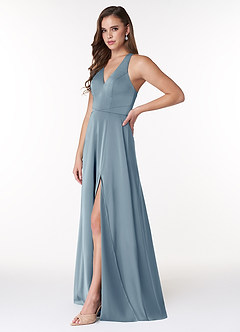 Azazie Ceria Final Sale Matcha A-Line V-Neck Stretch Satin Dress image5