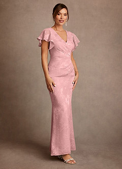 Azazie Dorina 신부의 어머니 드레스 쉬스 주름진 플로럴 자카드 발목 길이 드레스 image3