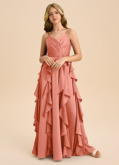 Azazie Peyton Junior Robe Trapèze en Satin extensible Plissée Rose Saumon image4