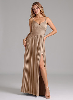 Azazie Vini Abiti da Damigella Abito A-Line in Raso Elasticizzato Plissettato Taupe image1