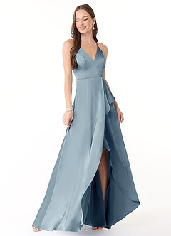 Azazie Harpie Final Sale Dusty Blue A-Line Ruched Stretch Satin Dress image3