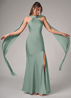 Azazie Kinsley Bridesmaid Dresses Silver Sage Mermaid Side Slit Stretch Satin Dress image2