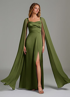 Azazie Niveah Vestidos de damas de honor Vestido de Oliva de Satén Elástico de Línea A Convertible con Sin tirantes image5