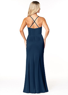 Azazie Marzia Vestidos de damas de honor Vestido de Azul Marino Oscuro de Satén Elástico de Corte Recto con Cuello V Plisado image2