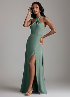 Azazie Tracie Bridesmaid Dresses Sea Moss A-Line Side Slit Stretch Satin Dress image4