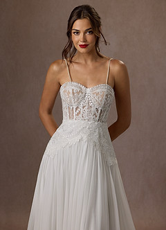 Azazie Rhya Vestidos de novia Vestido de Blanco Diamante Nude de Encaje de Corte en A con Vestidos sin tirantes image17