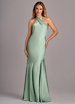 Azazie Lorena Robes de demoiselle d'honneur Robe Sirène en Satin extensible Plissée Agave image4