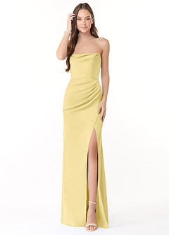 Azazie Leonis Bridesmaid Dresses Lemon Sorbet Mermaid Pleated Stretch Satin Convertible Dress image2