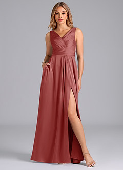Azazie Karina Bridesmaid Dresses Antique Rose A-Line Pleated Stretch Satin Dress image1