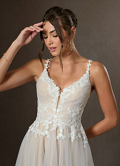 Azazie Devi Wedding Dresses Diamond White Champagne A-Line V-Neck Lace Tulle Dress image3