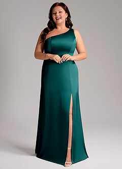 Azazie Phaedra Bridesmaid Dresses Peacock A-Line One Shoulder Stretch Satin Dress image13