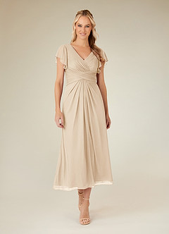 Azazie Vera Mother of the Bride Dresses Champagne A-Line V-Neck Pleated Mesh Dress image1