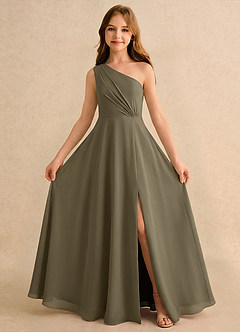 Azazie Puddles Girls Formal Robe Demoiselle D'honneur Fillette Robe Trapèze en Mousseline de soie Une épaule Vert Saule image5