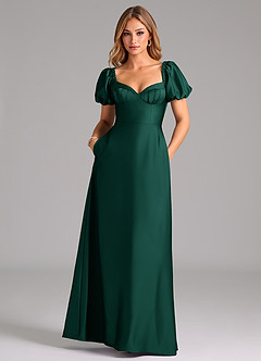 Azazie Fatima Bridesmaid Dresses Emerald A-Line Pleated Stretch Satin Dress image3